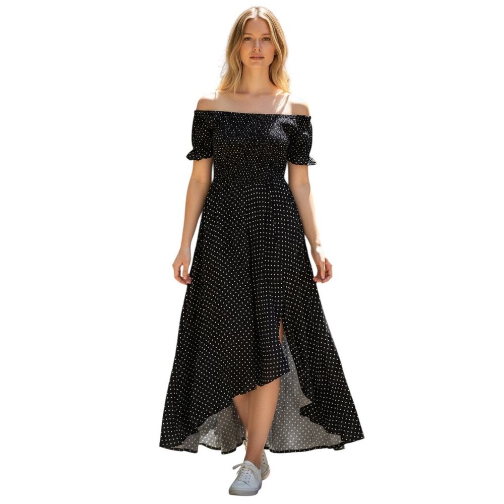 Reference Women Off-Shoulder Navy Blue Polka Dot Smocked Bodice Hi-Low Dress XS